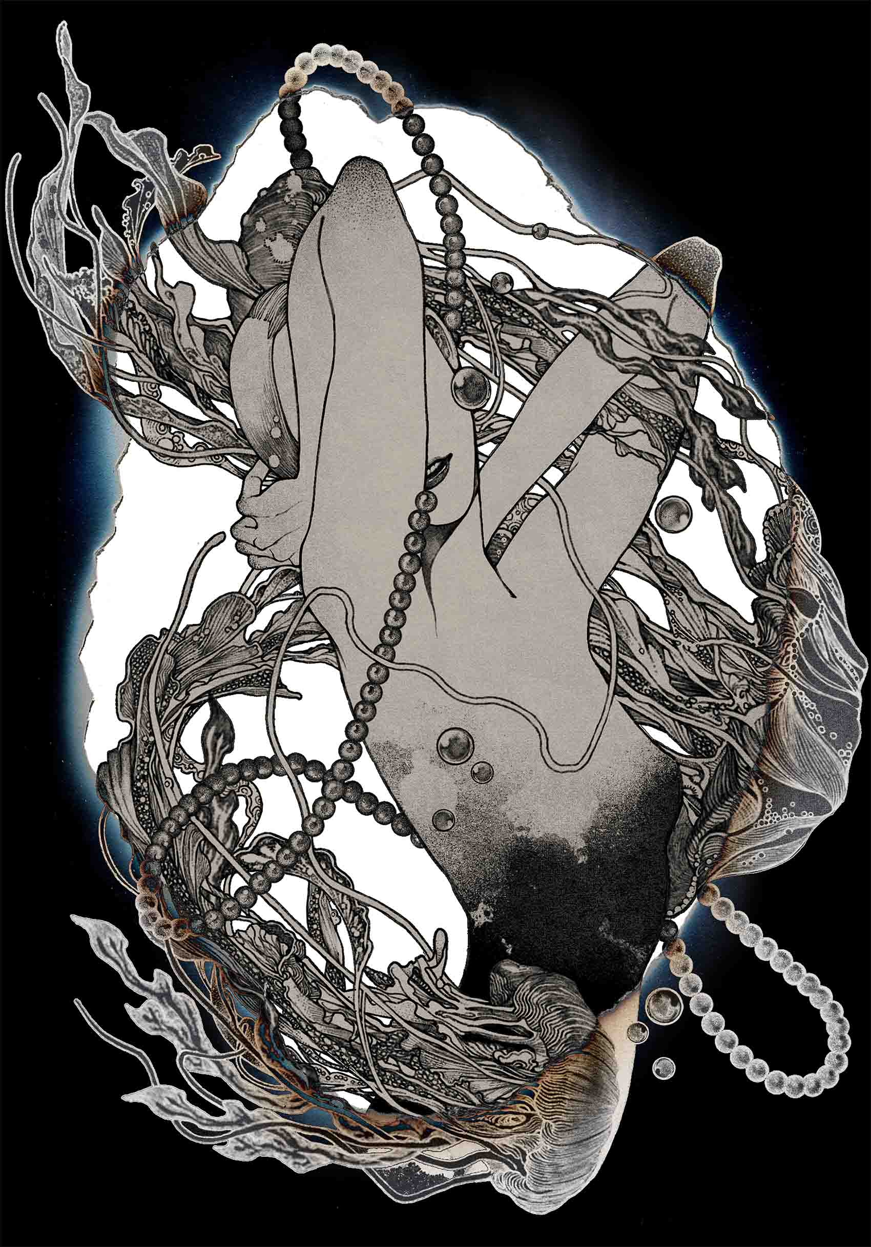  I connected the movement and tentacles of jellyfish with the shape of a pearl necklace around the woman. 