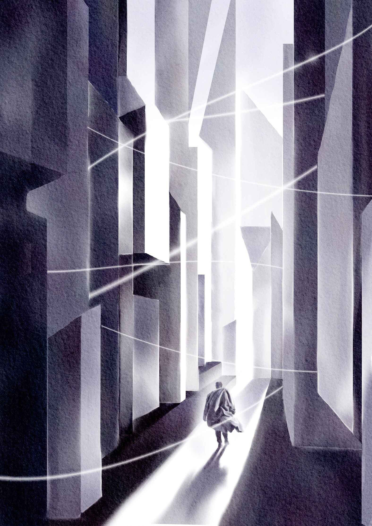 Illustration titled Maze. It depicts a man wandering through a bizarre maze made up of giant columns. From the series "If I Put Myself on the Line", based on the short story I wrote with the same title. 