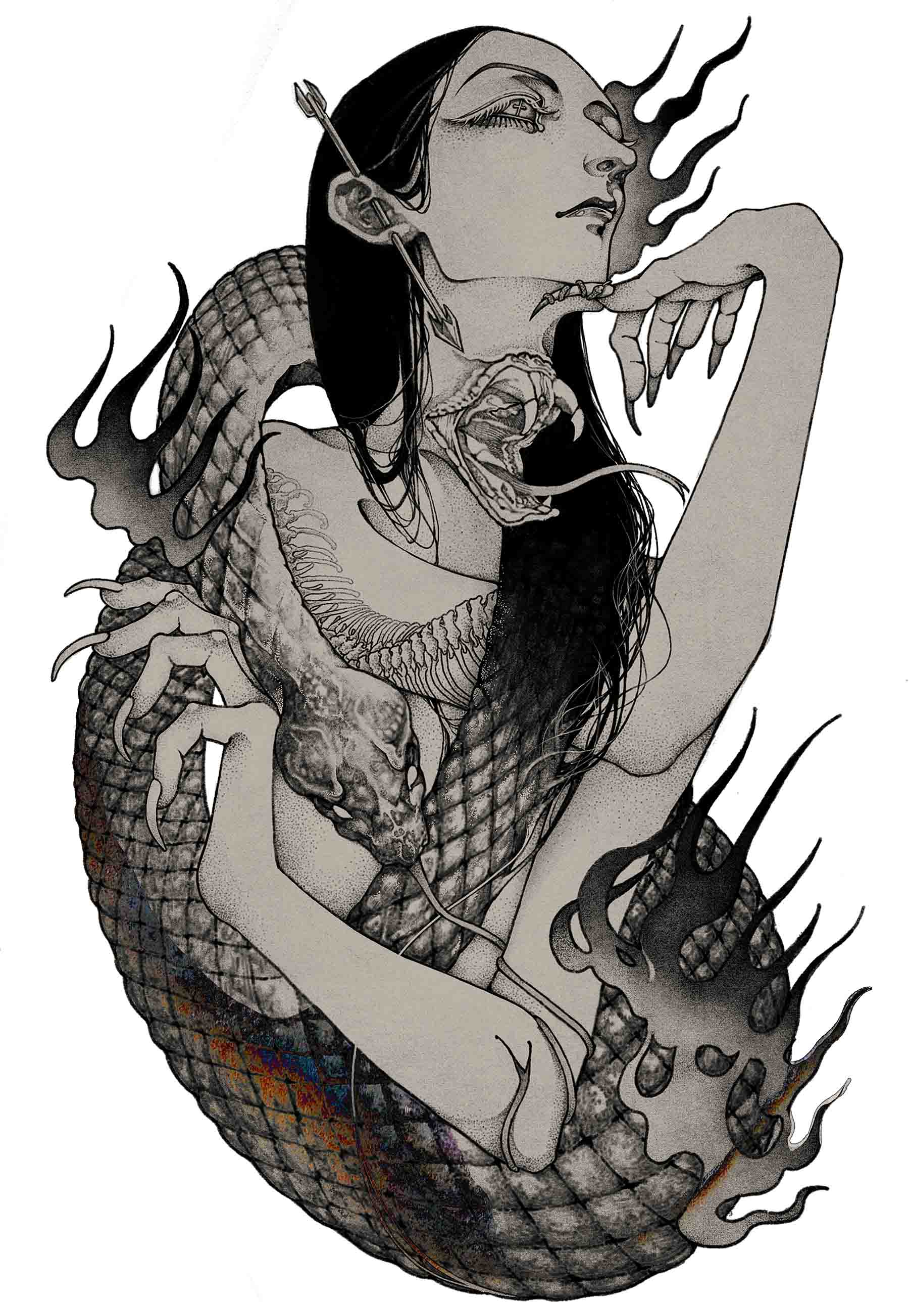 The style of the flames surrounding the figure is influenced by some tattoo art. The woman's hair transforms into venomous snakes, with one snake tightly coiling around her. This artwork subtly contains two snakes: the first is the one coiling around the woman, while the second represents the "snake" within her body. Her arm features a snake bone pattern, and her raised neck forms a menacing snake's mouth, revealing fangs and a flicking tongue. 