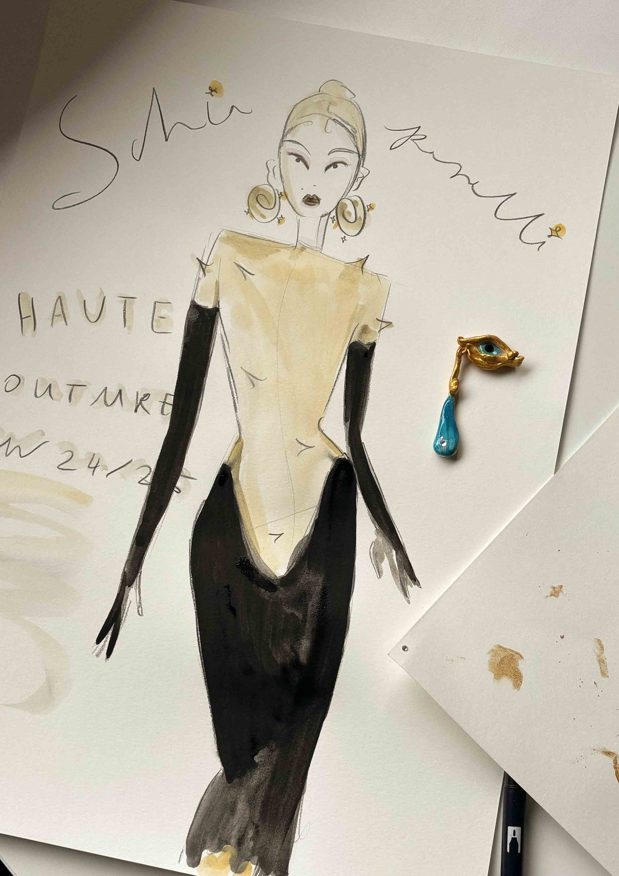 A fashion illustration painting of a lady wearing a yellow spiky top and a black, low-rise skirt