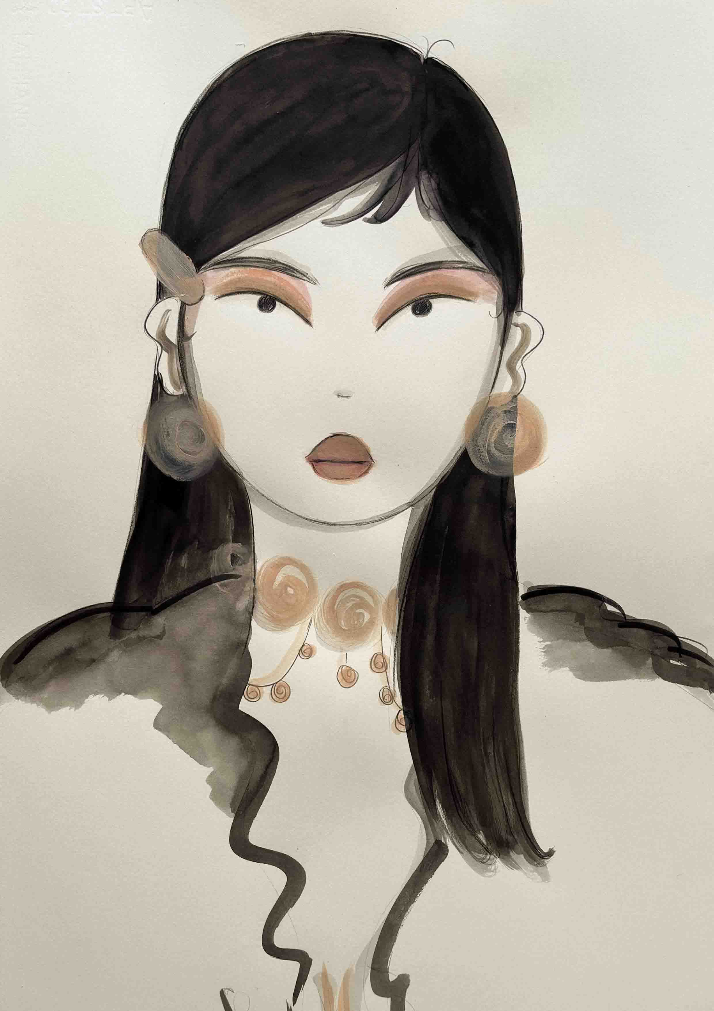 A portrait painting of a girl with black hair