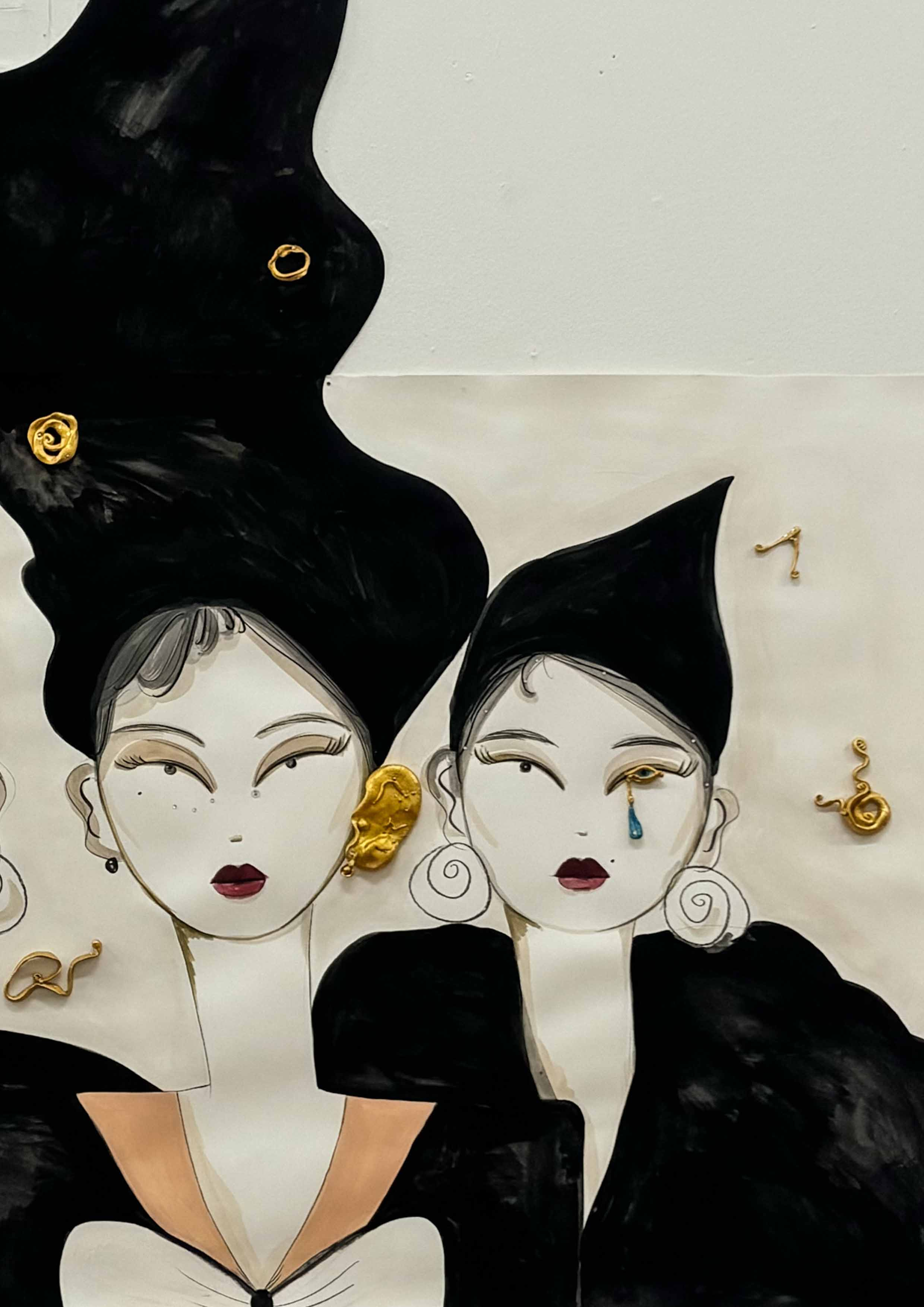 Abstract painting of two women wearing wiggly black hats