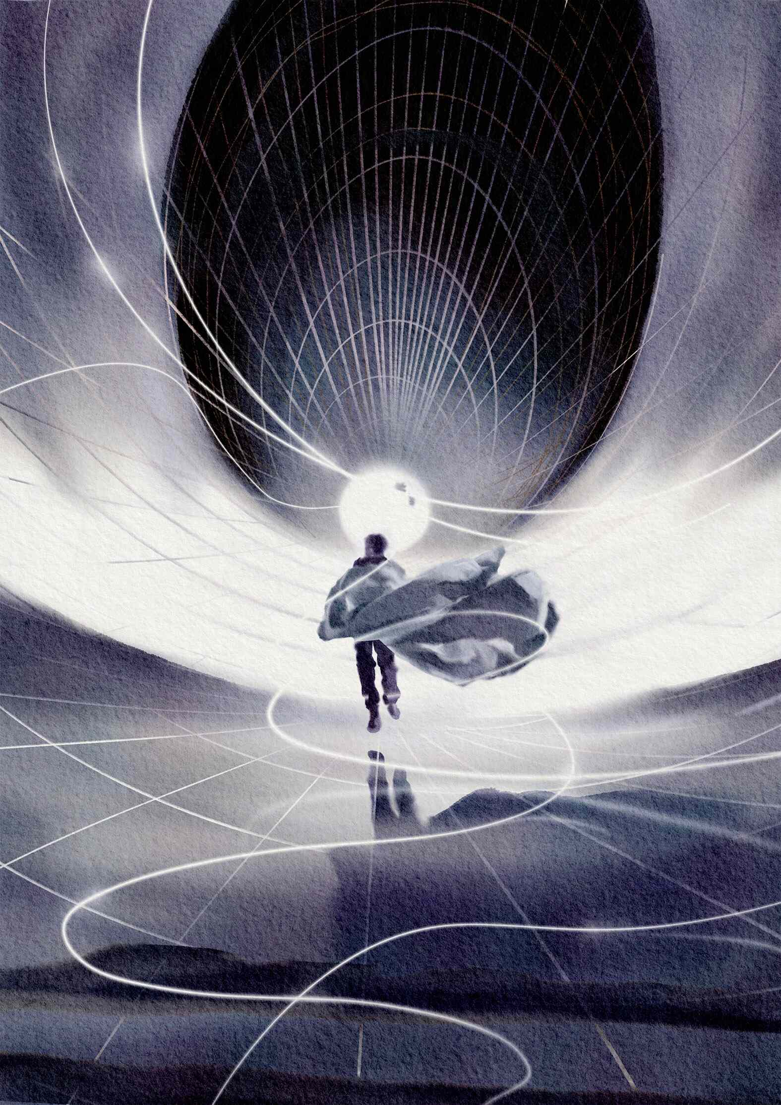 Illustration titled Vortex. It depicts a man running toward a vortex opening in the horizon. From the series "If I Put Myself on the Line", based on the short story I wrote with the same title. 