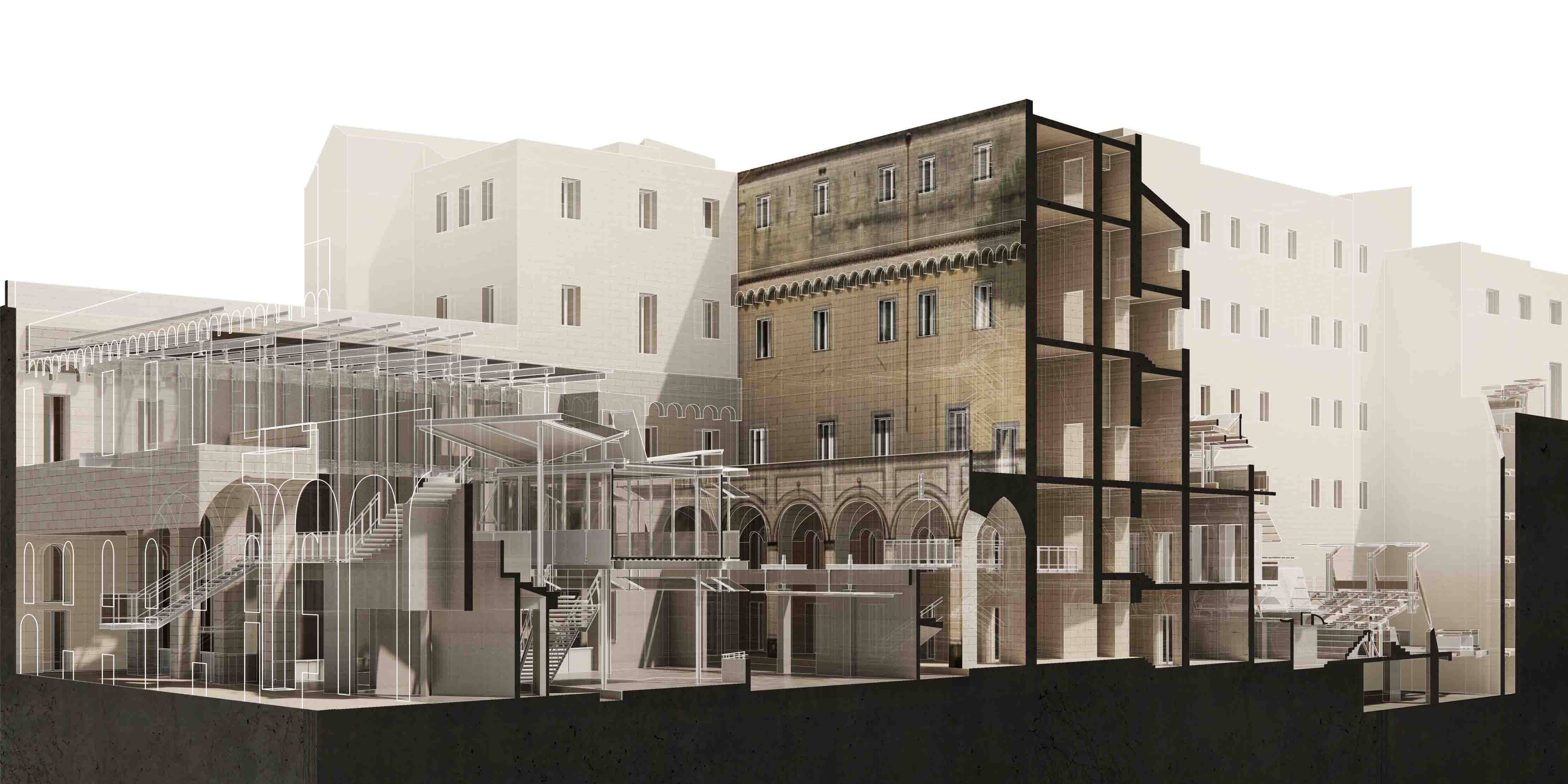 Figures index - perspective section through craft market and civic theater.
