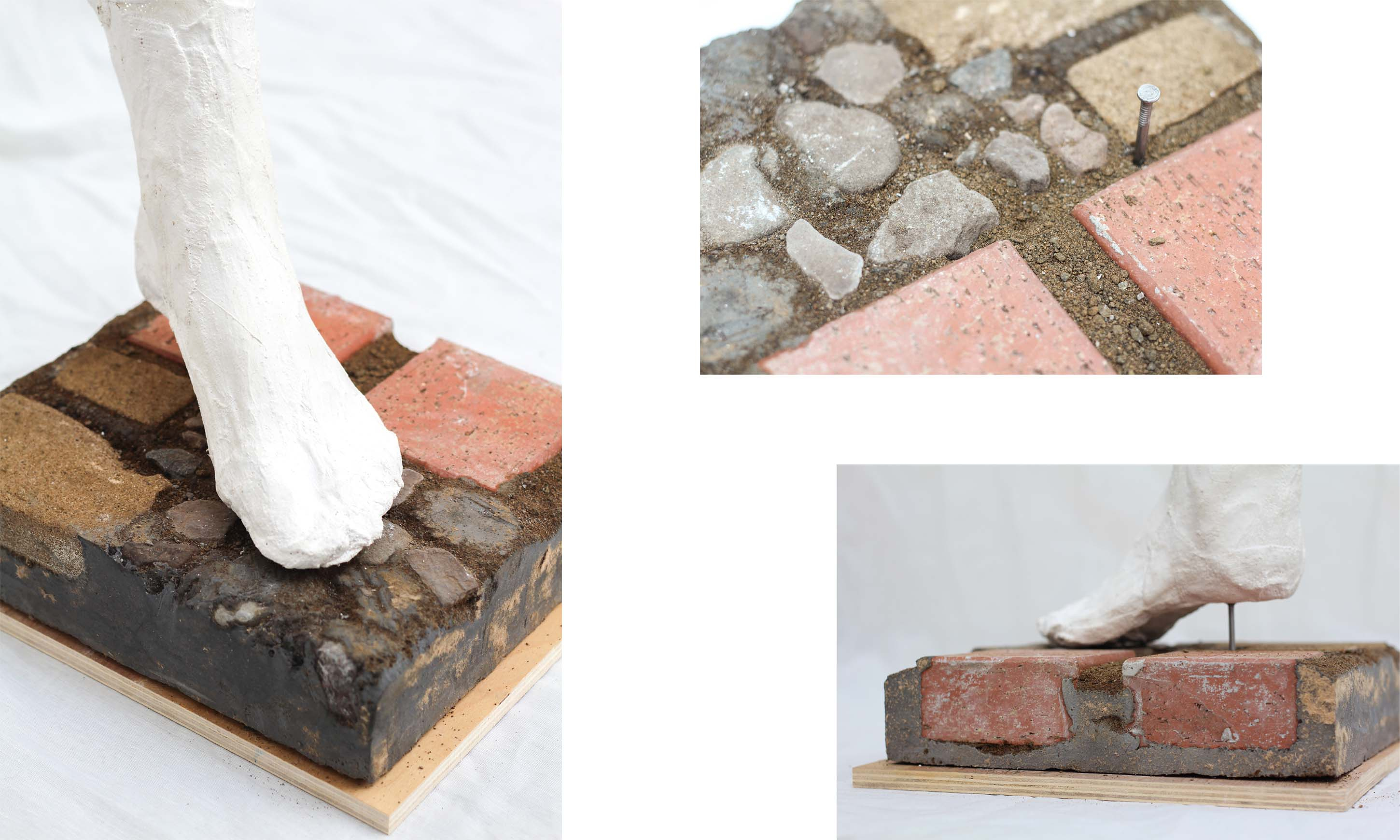 1:1 model, a square with different ground textures and a plaster foot on top