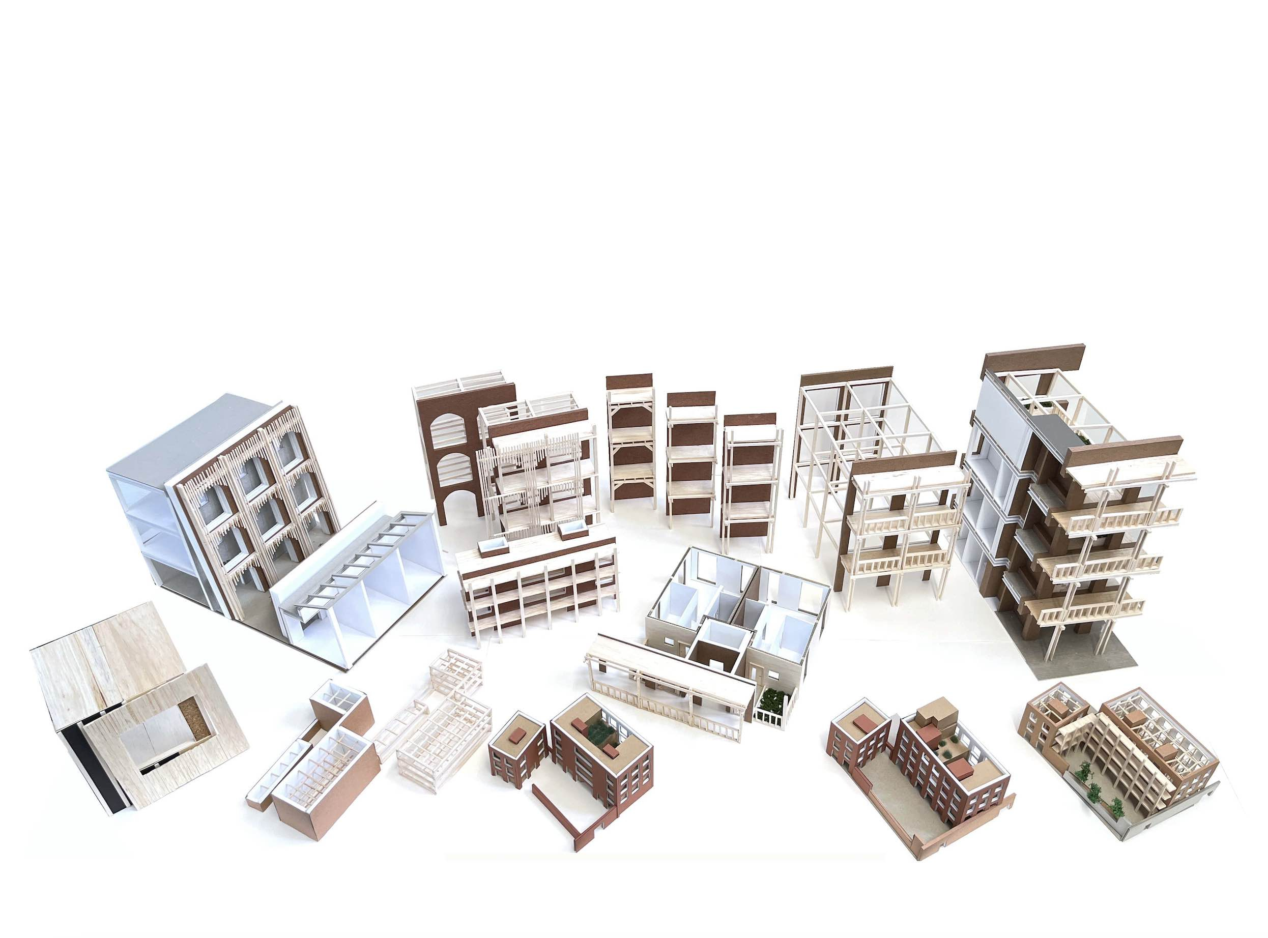 Image depicting all models made for my final project of Architectural Design: Tectonics, for the Unit Civic Structures