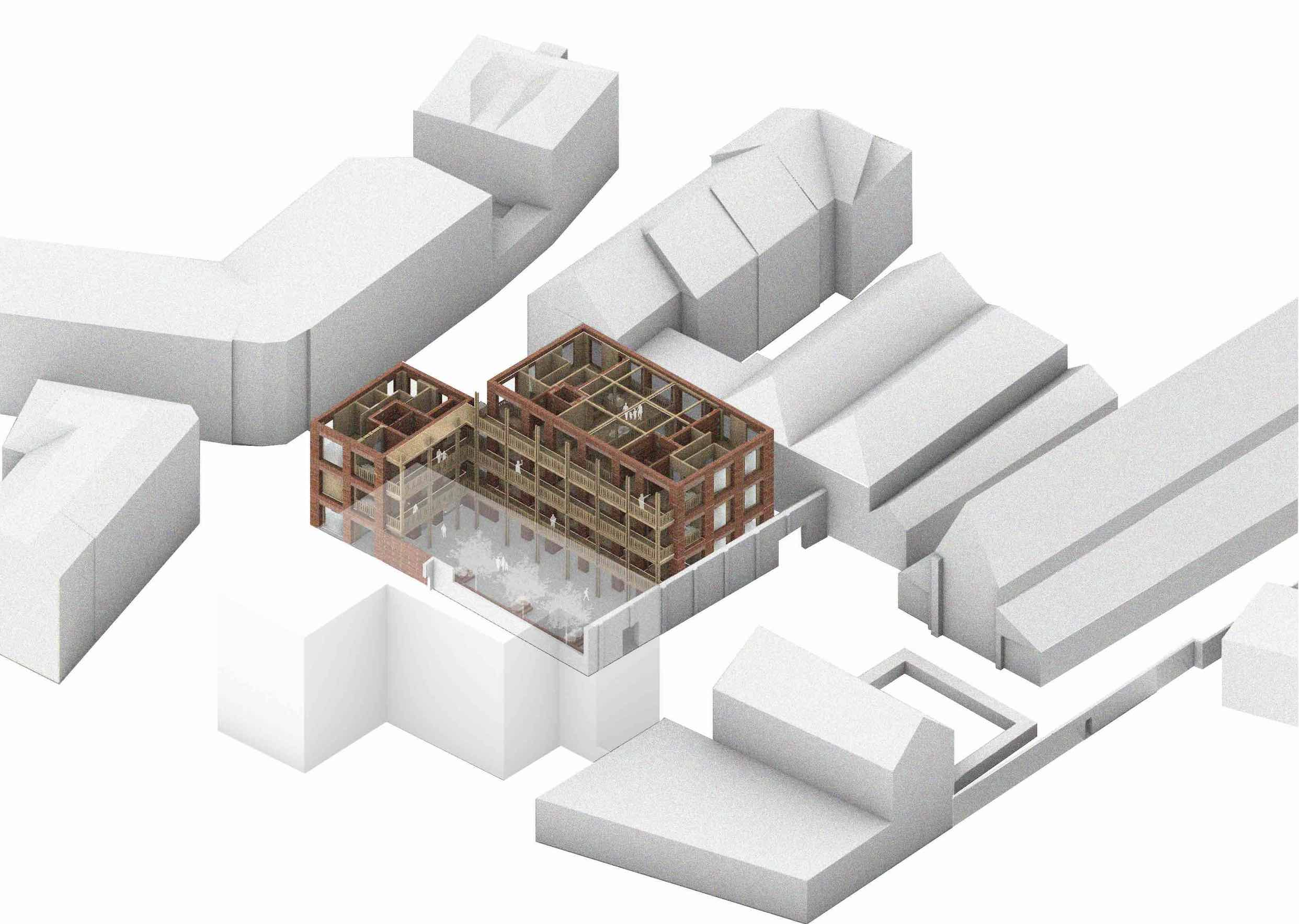 Collage showing the whole building in context