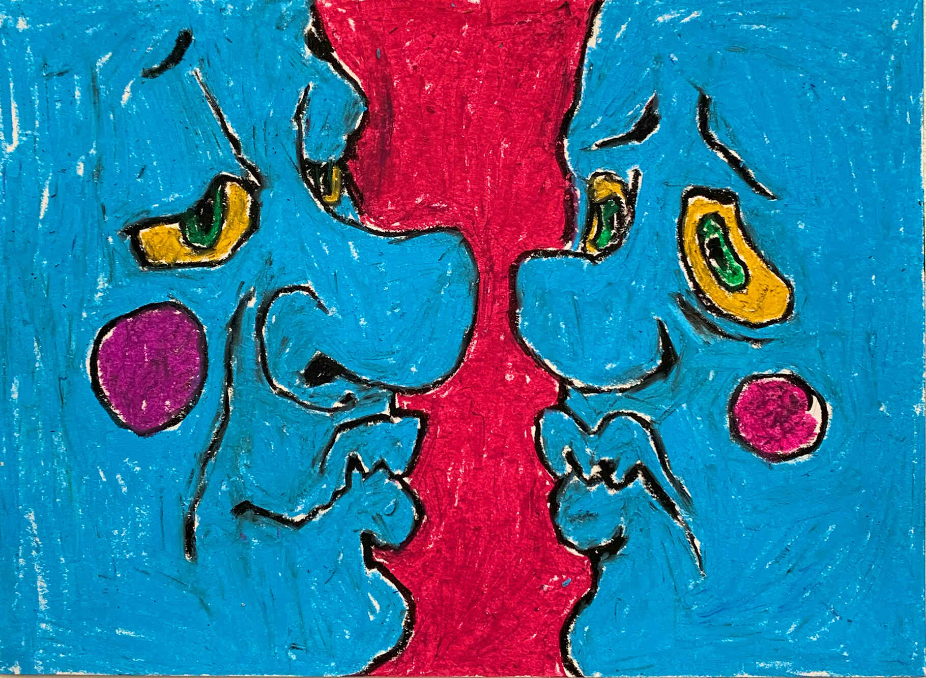 two blue figures face each other on pink backdrop. The figure on the left looks placid and numb, whilst the figure on the right looks anxious and converned.