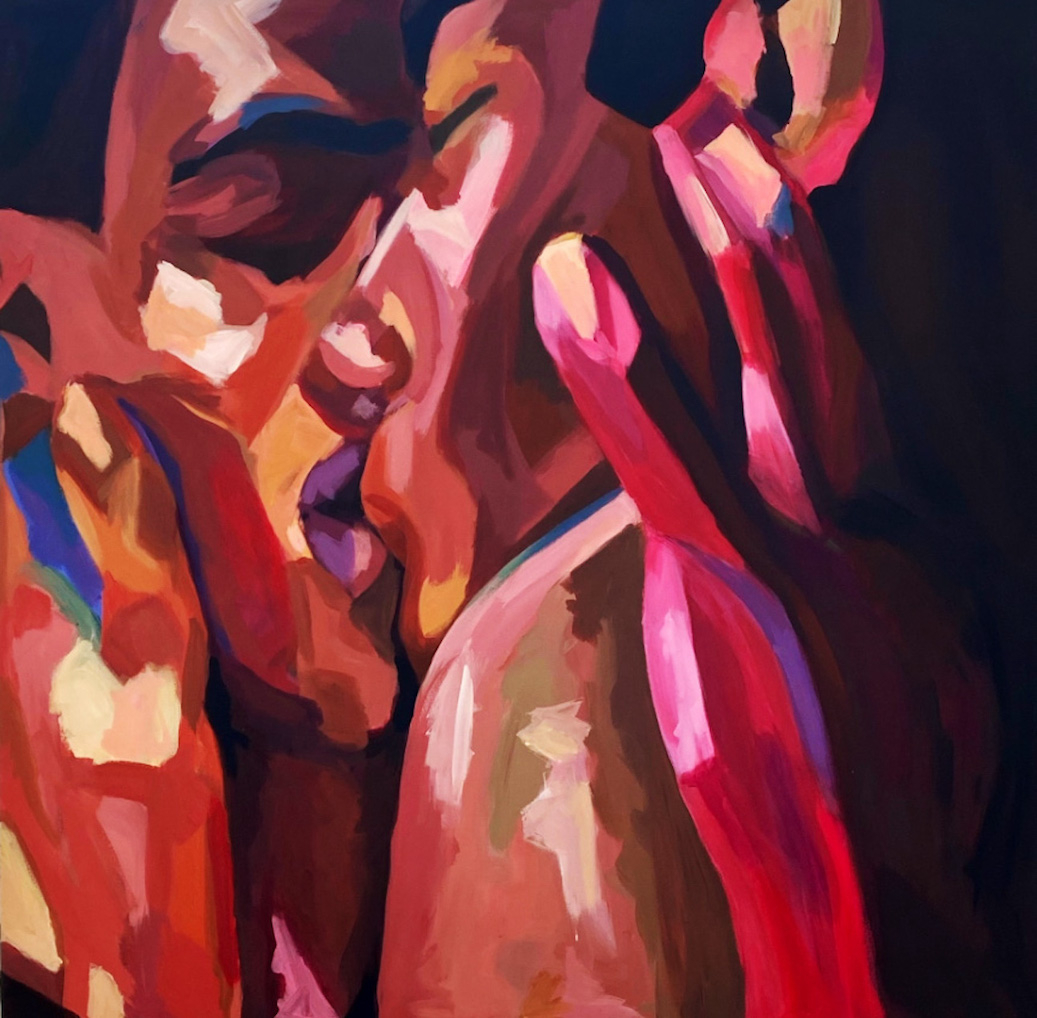 side profile of two men kissing with a hand of each cheek. Bold blocks of colour are used including pink, blue and yellow. The figures blend into a dark black background.