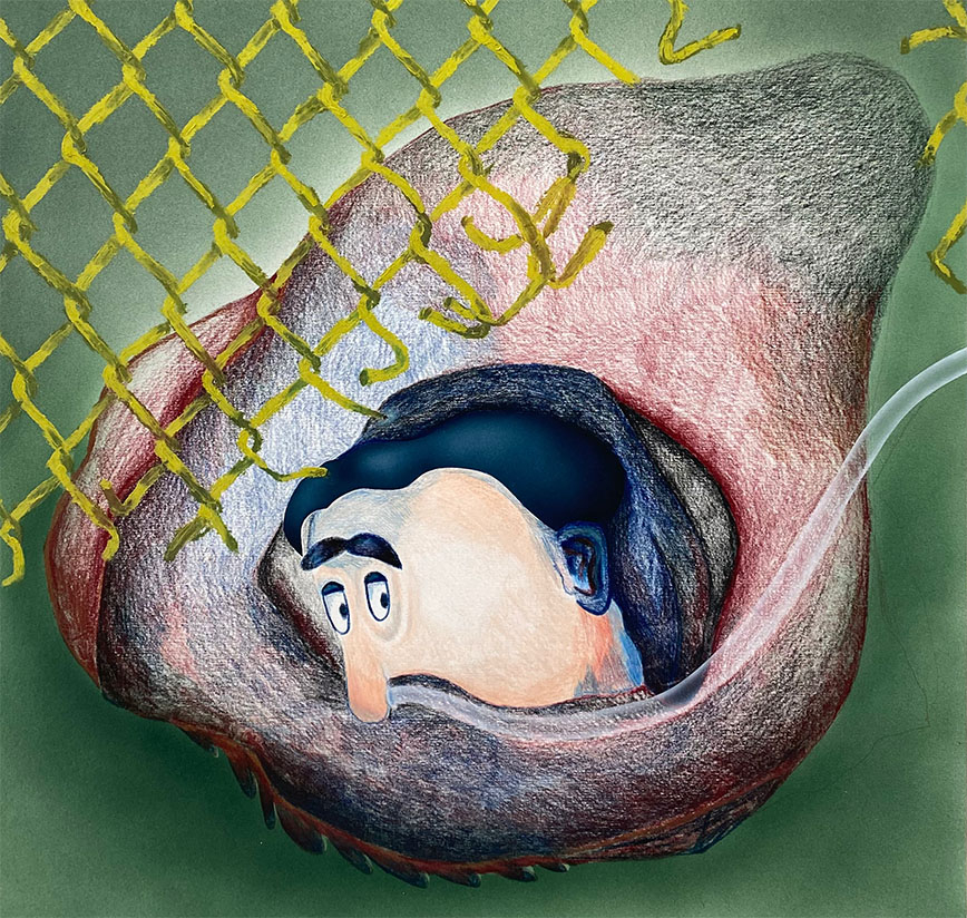 Close up of Strange Oxygen painting, image is of red and blue blobby figure breaking through green wire fence with tube attached to its nose. 