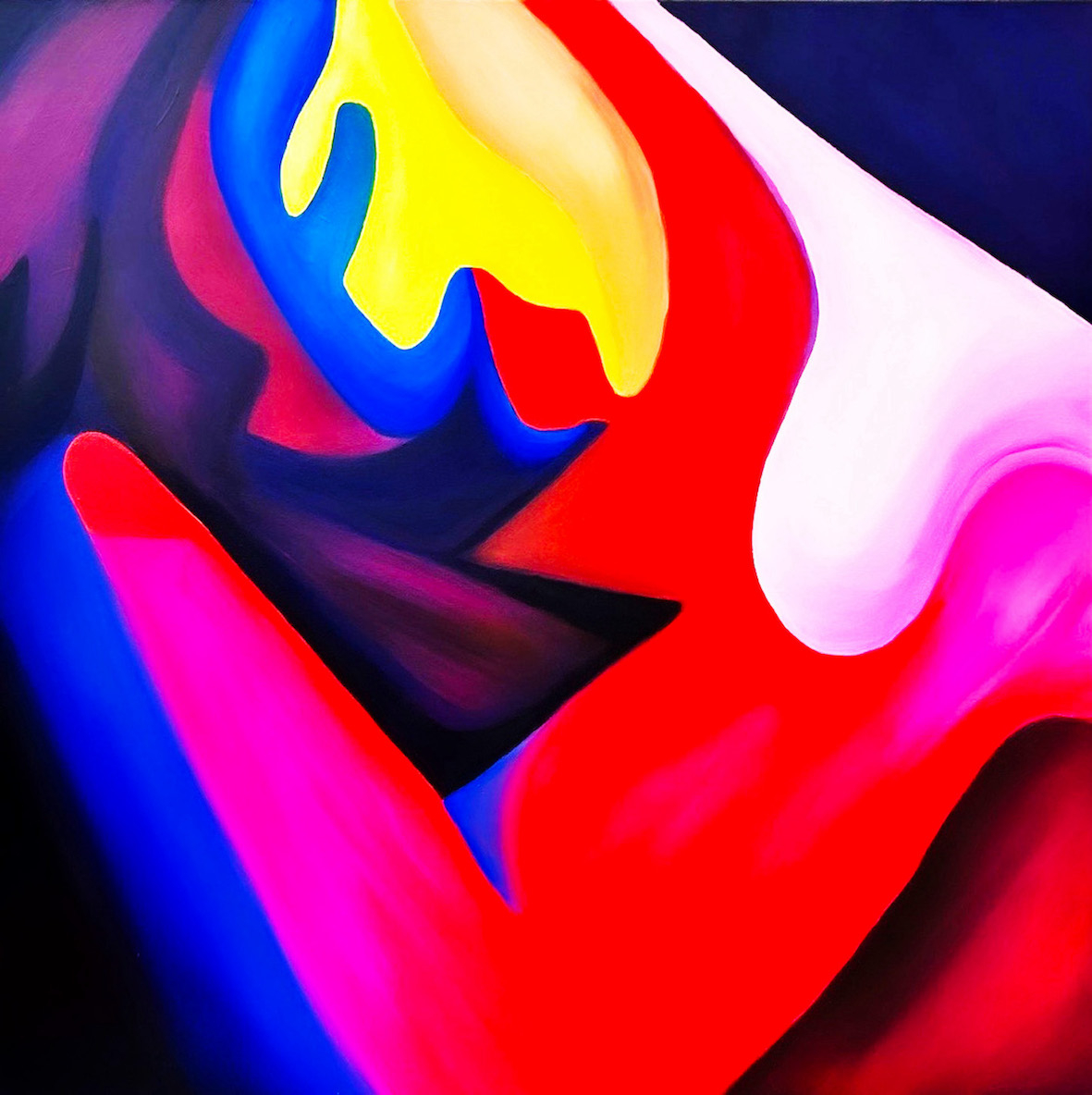 Abstract painting with an arm emerging in the centre of the painting. Painting consists of neon pinks,reds,yellows and blues.