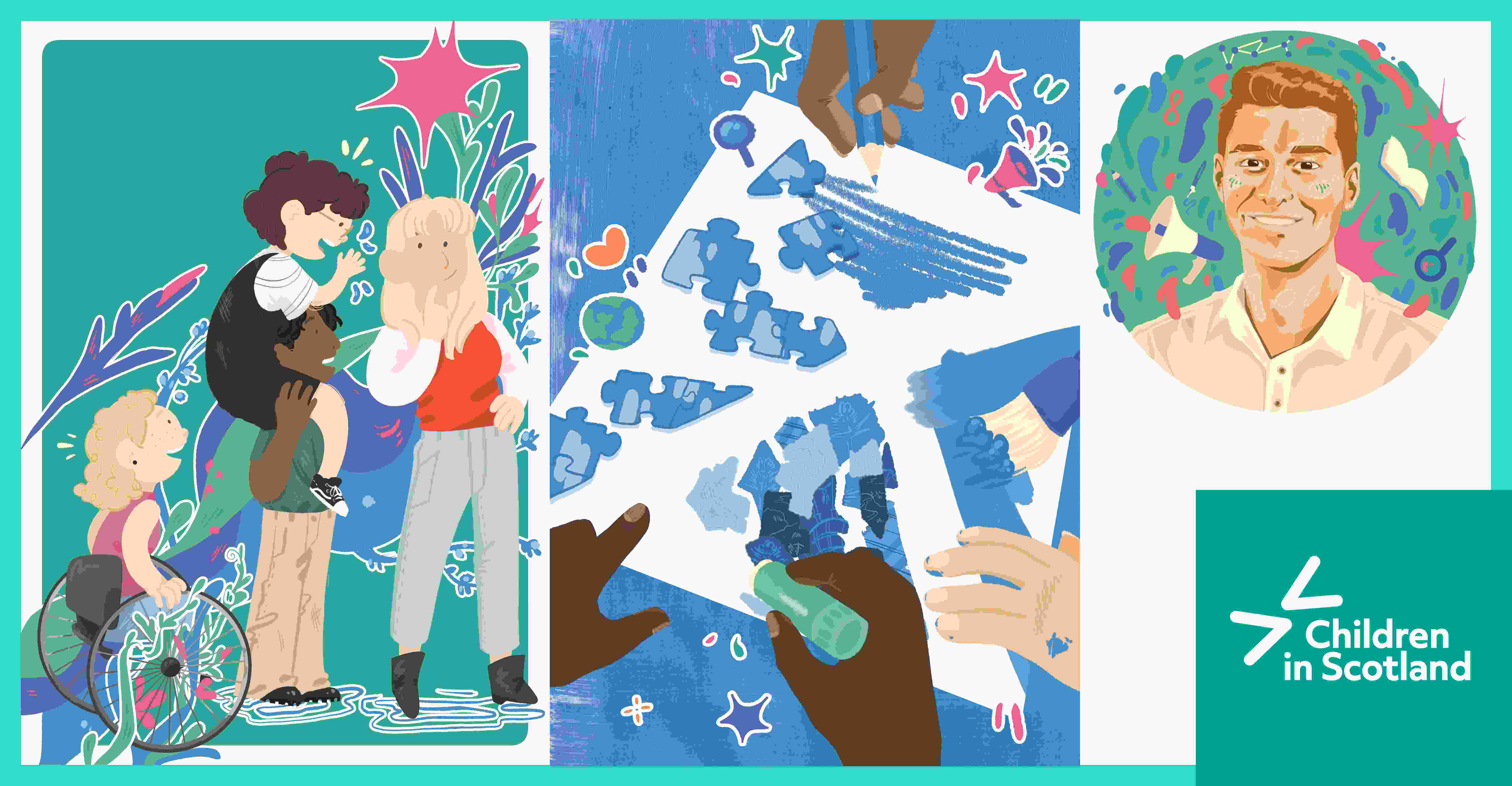 A set of three illustrations compiled into a single image. The first is a full page illustration showing three children speaking to a blonde, long-haired woman who is listening to them intently. In the background are colourful vines and flowers. The second is a full page illustration of three sets of hands holding arts and crafts supplies and using different art-making techniques to collaboratively create a Scottish flag. The third is a smaller portrait image of a smiling, red-haired man.